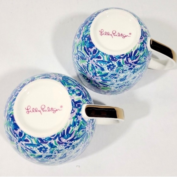 Lilly Pulitzer Ceramic Mugs Set of 2 Blue Floral Paisley Gold Handles 12oz NEW - Picture 3 of 16